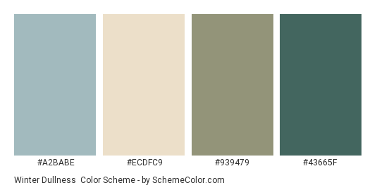 Winter Dullness - Color scheme palette thumbnail - #A2BABE #ECDFC9 #939479 #43665F 