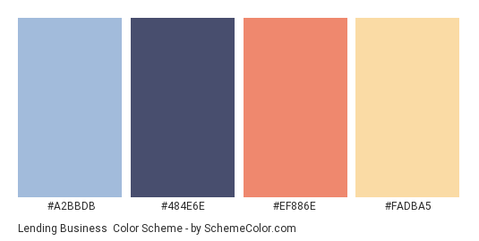 Lending Business - Color scheme palette thumbnail - #A2BBDB #484E6E #EF886E #FADBA5 