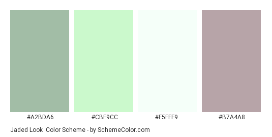 Jaded Look - Color scheme palette thumbnail - #A2BDA6 #CBF9CC #F5FFF9 #B7A4A8 