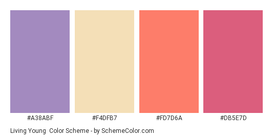 Living Young - Color scheme palette thumbnail - #A38ABF #F4DFB7 #FD7D6A #DB5E7D 