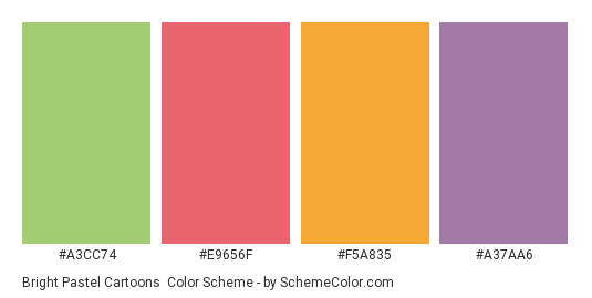 Bright Pastel Cartoons - Color scheme palette thumbnail - #A3CC74 #E9656F #F5A835 #a37aa6 