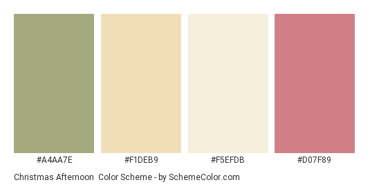 Christmas Afternoon - Color scheme palette thumbnail - #A4AA7E #F1DEB9 #F5EFDB #D07F89 