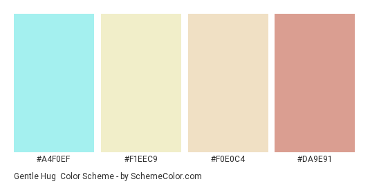 Gentle Hug - Color scheme palette thumbnail - #A4F0EF #F1EEC9 #F0E0C4 #DA9E91 