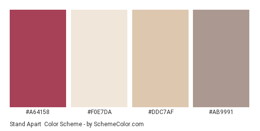 Stand Apart - Color scheme palette thumbnail - #A64158 #F0E7DA #DDC7AF #AB9991 