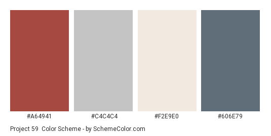 Project 59 - Color scheme palette thumbnail - #A64941 #C4C4C4 #F2E9E0 #606E79 