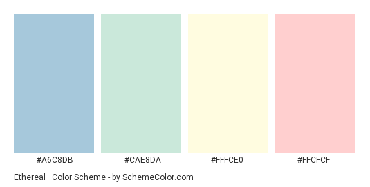 Ethereal & Angelic - Color scheme palette thumbnail - #A6C8DB #CAE8DA #FFFCE0 #FFCFCF 