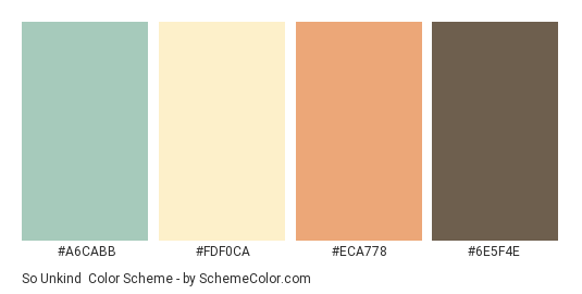 So Unkind - Color scheme palette thumbnail - #A6CABB #FDF0CA #ECA778 #6E5F4E 