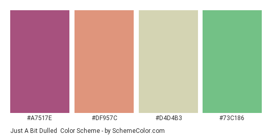 Just a Bit Dulled - Color scheme palette thumbnail - #A7517E #DF957C #D4D4B3 #73C186 