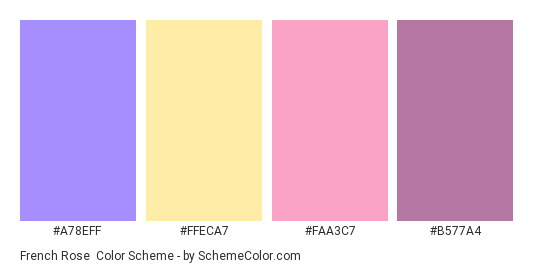 French Rose - Color scheme palette thumbnail - #A78EFF #FFECA7 #FAA3C7 #B577A4 