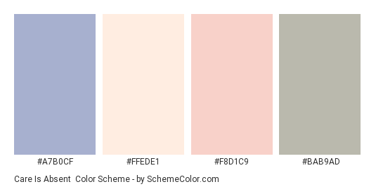 Care is Absent - Color scheme palette thumbnail - #A7B0CF #FFEDE1 #F8D1C9 #BAB9AD 
