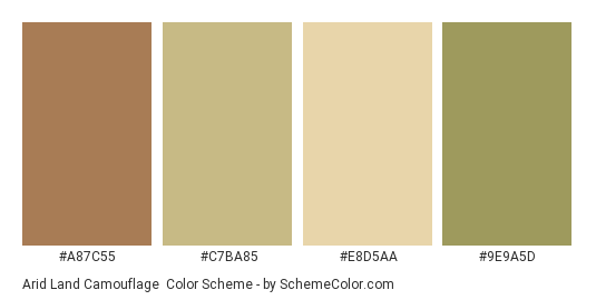 Arid Land Camouflage - Color scheme palette thumbnail - #A87C55 #C7BA85 #E8D5AA #9E9A5D 