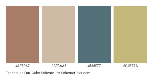 Treehouse Fun - Color scheme palette thumbnail - #A87D67 #CFBAA6 #536F77 #C4B77A 
