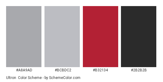 Ultron - Color scheme palette thumbnail - #A8A9AD #BCBDC2 #B32134 #2B2B2B 