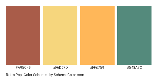 Retro Pop - Color scheme palette thumbnail - #A95C49 #F6D67D #FFB759 #548A7C 