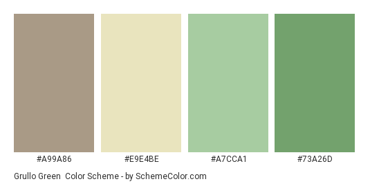 Grullo Green - Color scheme palette thumbnail - #A99A86 #E9E4BE #A7CCA1 #73A26D 