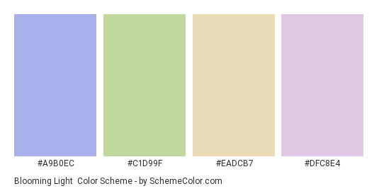 Blooming Light - Color scheme palette thumbnail - #A9B0EC #C1D99F #EADCB7 #DFC8E4 