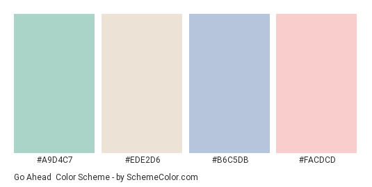 Go Ahead - Color scheme palette thumbnail - #A9D4C7 #EDE2D6 #B6C5DB #FACDCD 