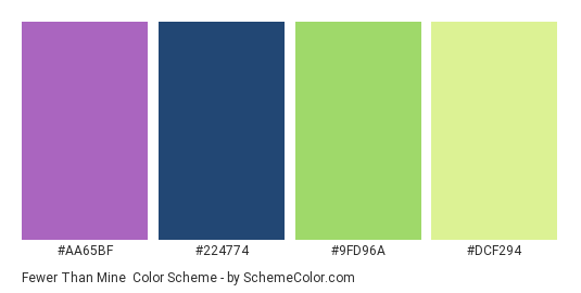 Fewer Than Mine - Color scheme palette thumbnail - #AA65BF #224774 #9FD96A #DCF294 