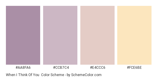 When I Think of You - Color scheme palette thumbnail - #AA8FA6 #CCB7C4 #E4CCC6 #FCE6BE 