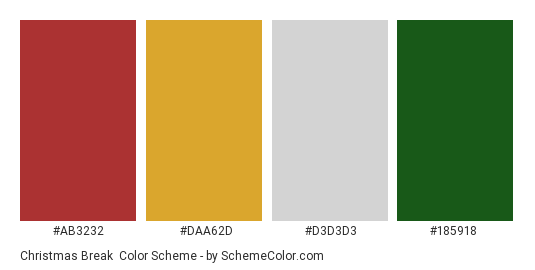 Christmas Break - Color scheme palette thumbnail - #AB3232 #DAA62D #D3D3D3 #185918 