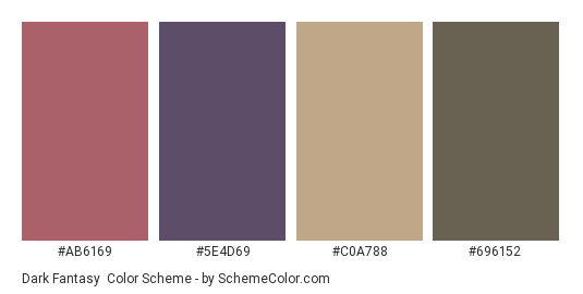 Dark Fantasy - Color scheme palette thumbnail - #AB6169 #5E4D69 #C0A788 #696152 
