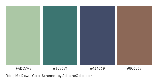 Bring Me Down - Color scheme palette thumbnail - #ABC7A5 #3C7571 #424C69 #8C6857 