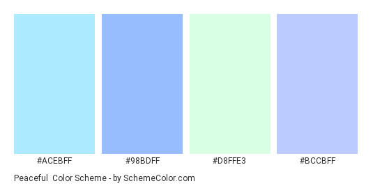 Peaceful - Color scheme palette thumbnail - #ACEBFF #98BDFF #D8FFE3 #BCCBFF 