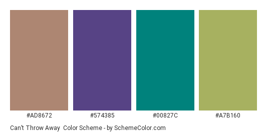 Can’t Throw Away - Color scheme palette thumbnail - #AD8672 #574385 #00827C #A7B160 