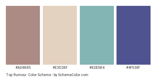Top Rumour - Color scheme palette thumbnail - #AD8B85 #E3D2BF #82B5B4 #4F538F 