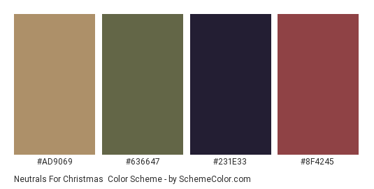 Neutrals for Christmas - Color scheme palette thumbnail - #AD9069 #636647 #231E33 #8F4245 