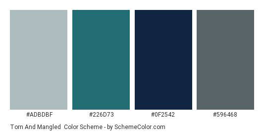 Torn and Mangled - Color scheme palette thumbnail - #ADBDBF #226D73 #0F2542 #596468 
