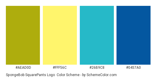 SpongeBob SquarePants Logo - Color scheme palette thumbnail - #AEAD0D #FFF56C #26B9C8 #0457A0 