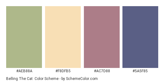 Belling the Cat - Color scheme palette thumbnail - #AEB88A #F8DFB5 #AC7D88 #5A5F85 