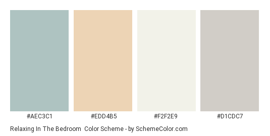 Relaxing in the Bedroom - Color scheme palette thumbnail - #AEC3C1 #EDD4B5 #F2F2E9 #D1CDC7 