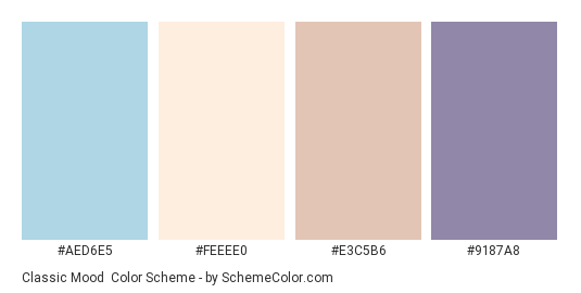 Classic Mood - Color scheme palette thumbnail - #AED6E5 #FEEEE0 #E3C5B6 #9187A8 