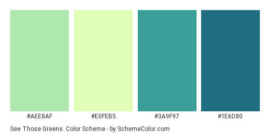 See Those Greens - Color scheme palette thumbnail - #AEE8AF #E0FEB5 #3A9F97 #1e6d80 