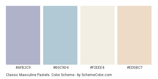 Classic Masculine Pastels - Color scheme palette thumbnail - #AFB2C9 #B0C9D4 #F2EEE4 #EDDBC7 