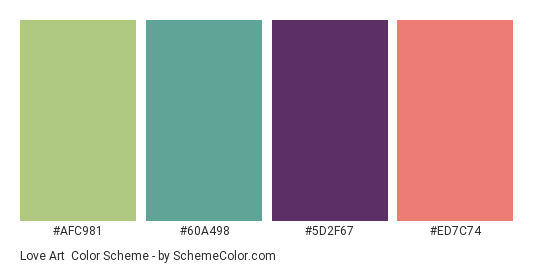 Love Art - Color scheme palette thumbnail - #AFC981 #60A498 #5D2F67 #ED7C74 