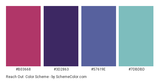 Reach Out - Color scheme palette thumbnail - #B03668 #3D2863 #57619E #7DBDBD 