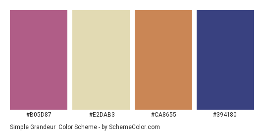 Simple Grandeur - Color scheme palette thumbnail - #B05D87 #E2DAB3 #CA8655 #394180 