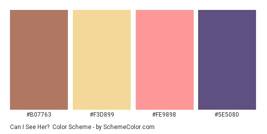 Can I See Her? - Color scheme palette thumbnail - #B07763 #F3D899 #FE9898 #5E5080 