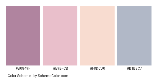 Pastel Sky - Color scheme palette thumbnail - #B0849F #E9BFCB #F8DCD0 #B1B8C7 