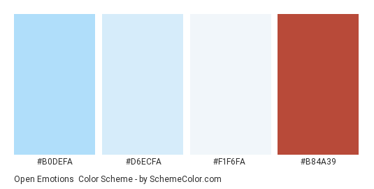 Open Emotions - Color scheme palette thumbnail - #B0DEFA #D6ECFA #F1F6FA #B84A39 