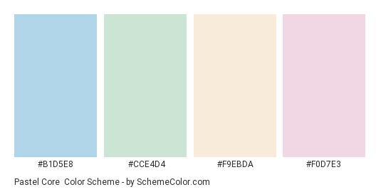 Pastel Core - Color scheme palette thumbnail - #B1D5E8 #CCE4D4 #F9EBDA #F0D7E3 