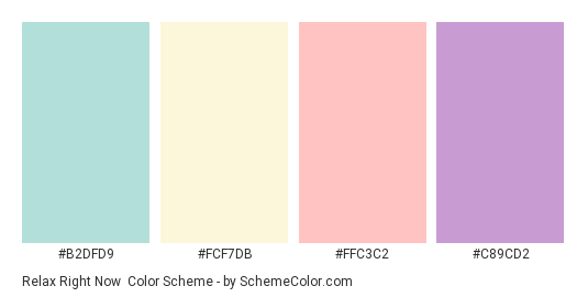Relax Right Now - Color scheme palette thumbnail - #B2DFD9 #FCF7DB #FFC3C2 #C89CD2 