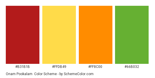 Onam Pookalam - Color scheme palette thumbnail - #B31B1B #FFDB49 #FF8C00 #66B032 