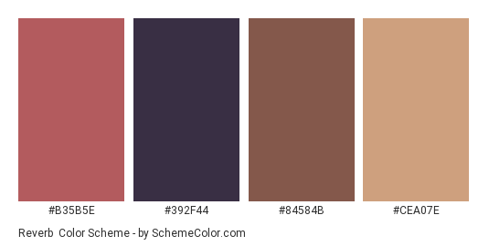 Reverb - Color scheme palette thumbnail - #B35B5E #392F44 #84584B #CEA07E 
