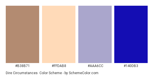Dire Circumstances - Color scheme palette thumbnail - #B38B71 #FFDAB8 #AAA6CC #140DB3 