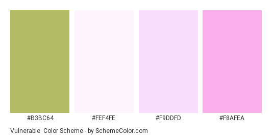 Vulnerable - Color scheme palette thumbnail - #B3BC64 #FEF4FE #F9DDFD #F8AFEA 
