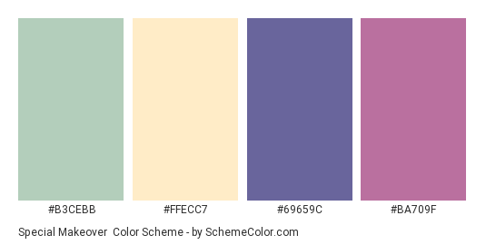 Special Makeover - Color scheme palette thumbnail - #B3CEBB #FFECC7 #69659C #BA709F 